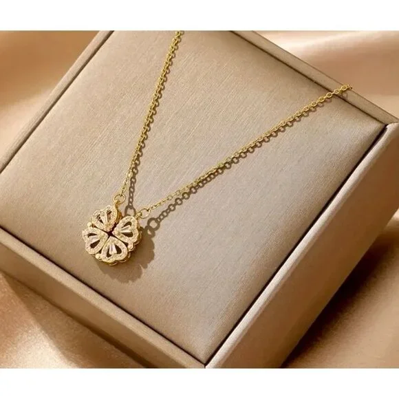 18K Gold Plated Stained Flower Pendant Necklace Clover Statement Elegant - Picture 2 of 5
